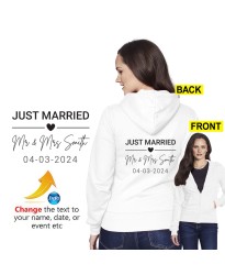 Customised Just Married Custom Text Mr & Mrs Name With Wedding Date & Heart Printed Adult Unisex Pullover Hoodie